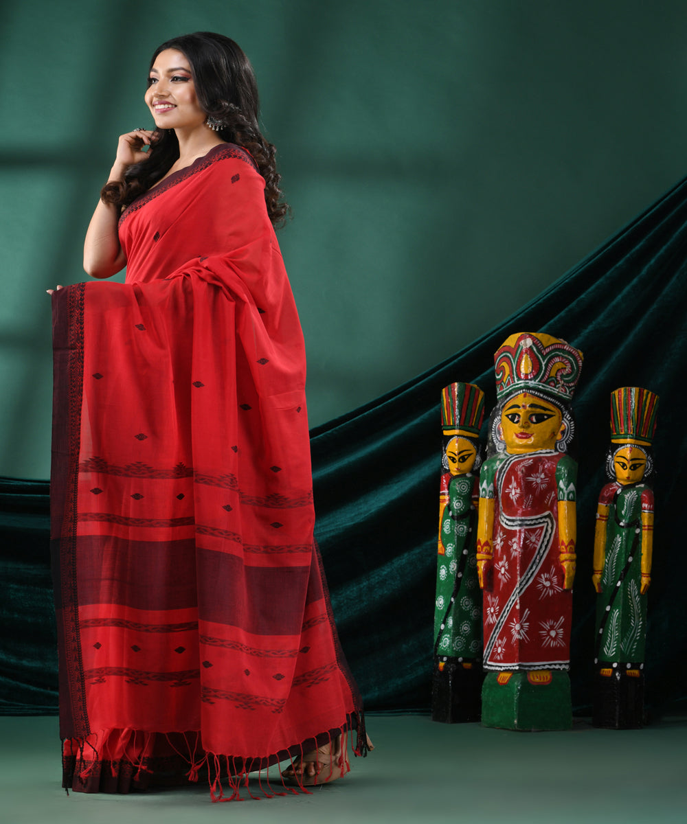 Red black handloom cotton bengal saree