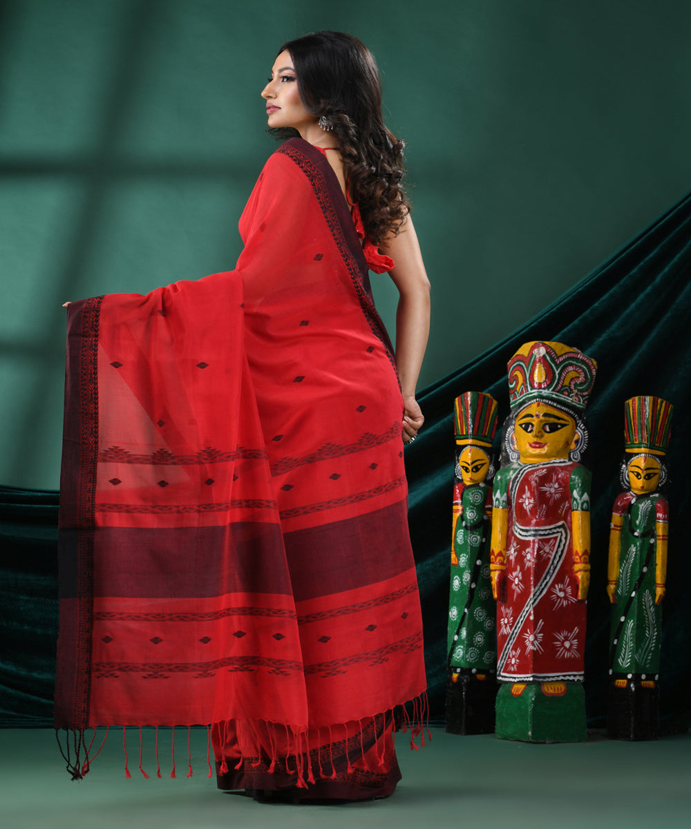 Red black handloom cotton bengal saree