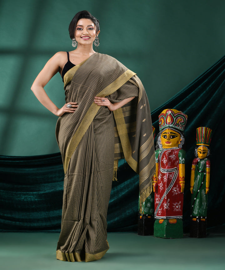 Grey olive handloom cotton bengal saree