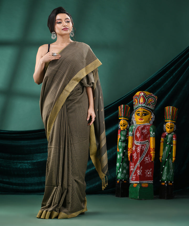 Grey olive handloom cotton bengal saree