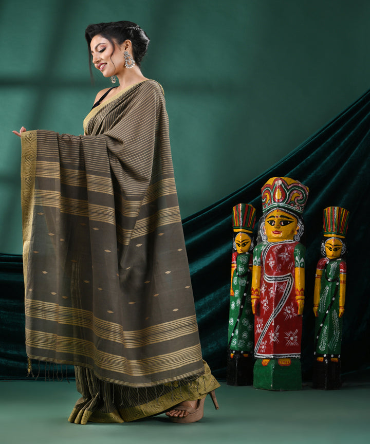 Grey olive handloom cotton bengal saree