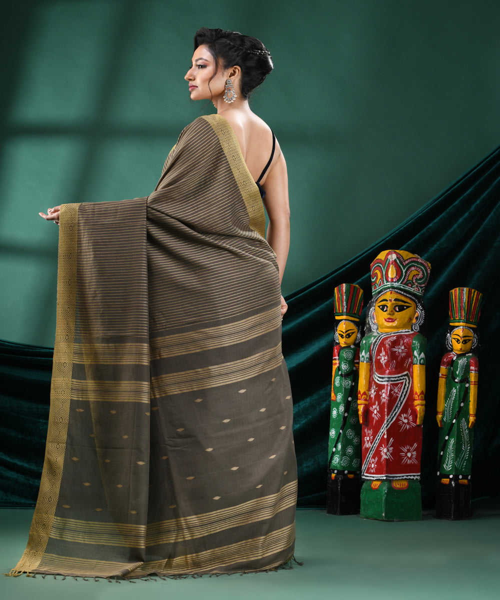 Grey olive handloom cotton bengal saree