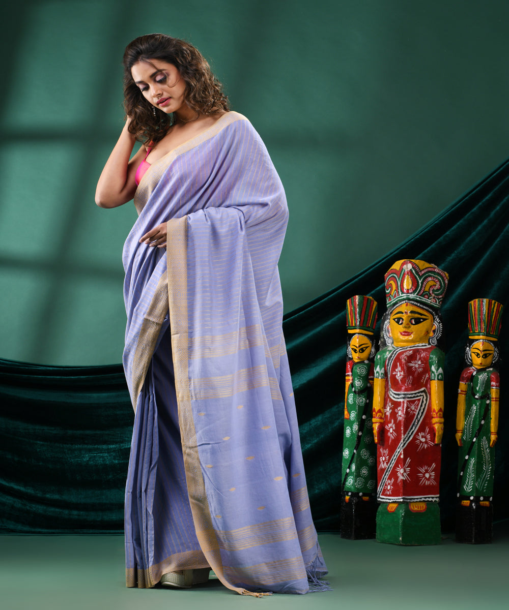 Sky blue cream handloom cotton bengal saree