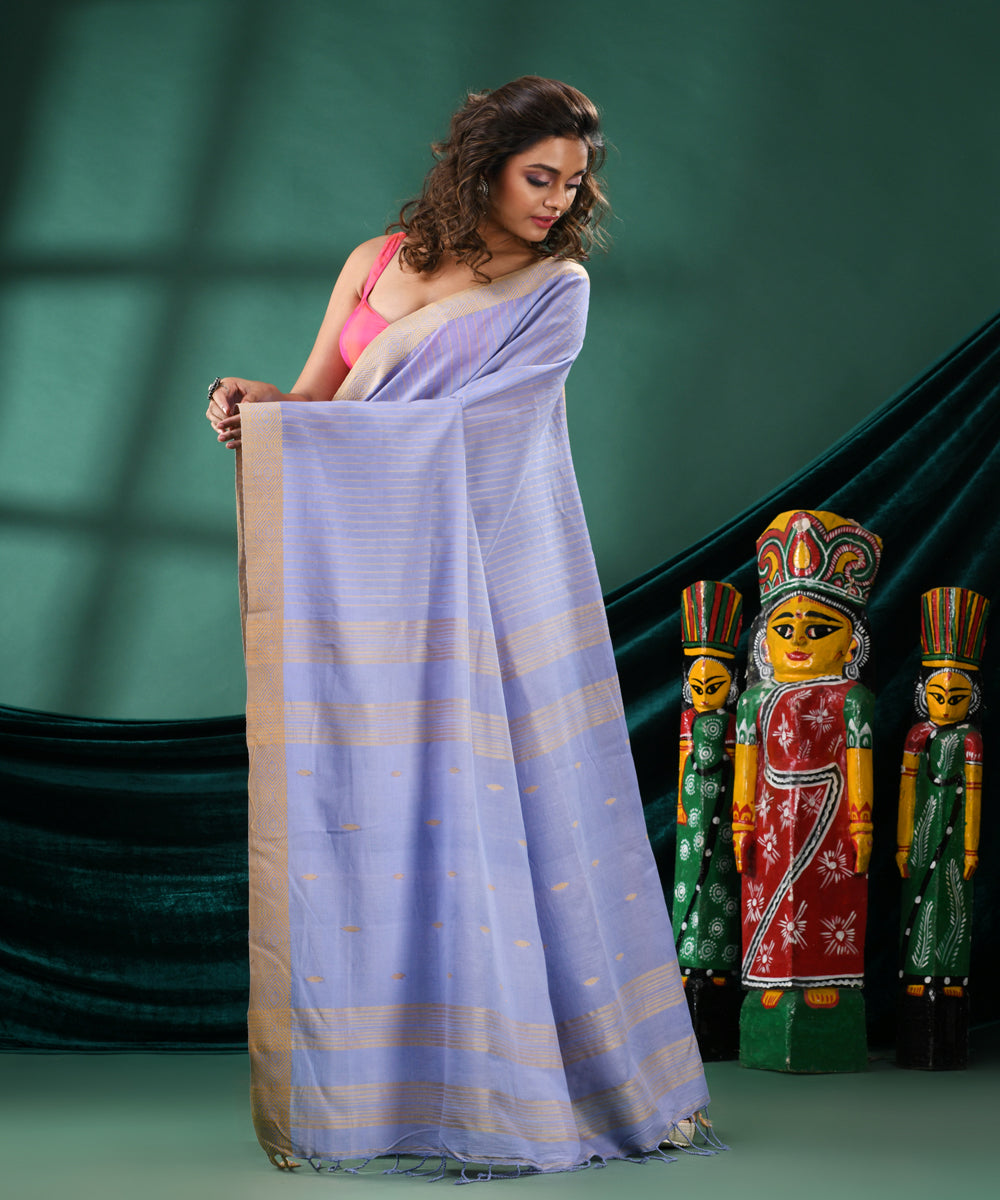 Sky blue cream handloom cotton bengal saree