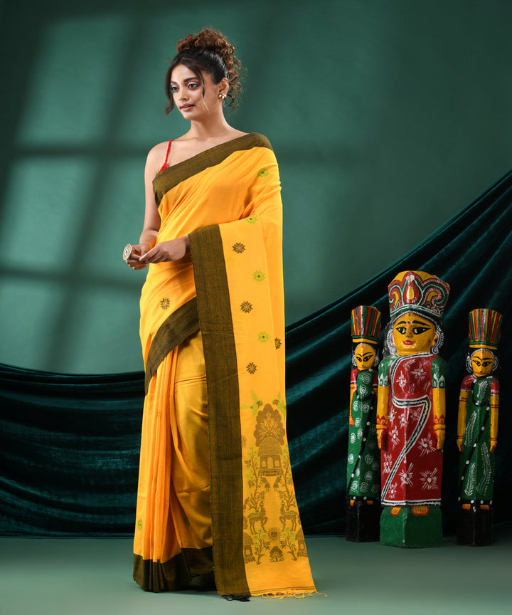 Yellow black handloom cotton bengal saree