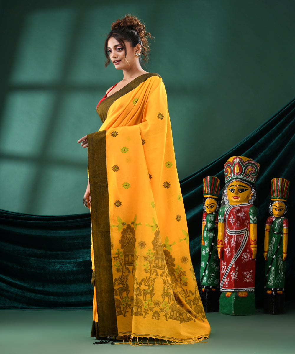 Yellow black handloom cotton bengal saree