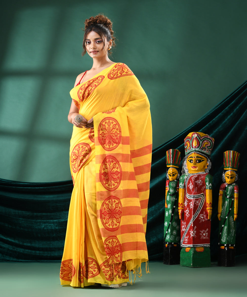 Yellow red handloom cotton bengal saree