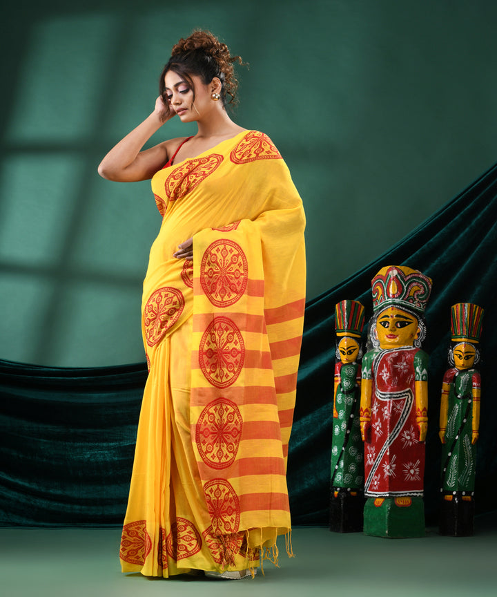 Yellow red handloom cotton bengal saree