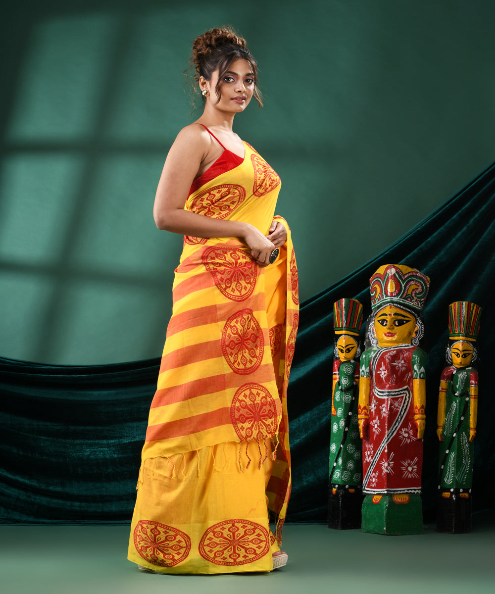 Yellow red handloom cotton bengal saree