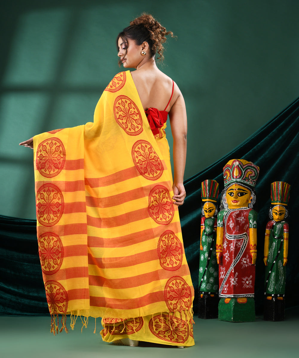 Yellow red handloom cotton bengal saree