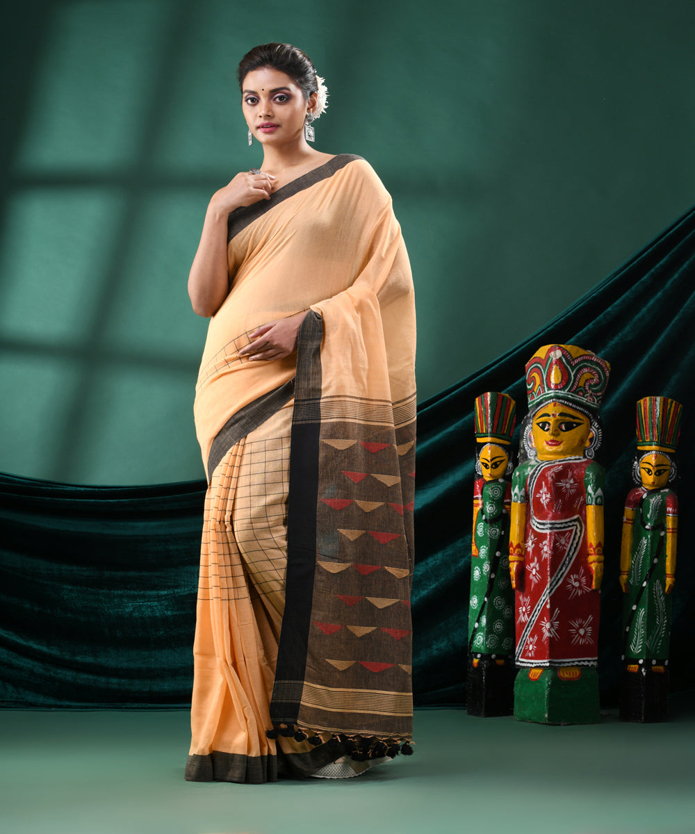 Tan black handloom cotton bengal saree