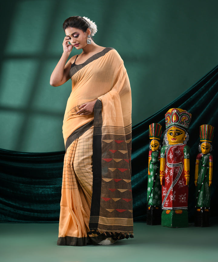 Tan black handloom cotton bengal saree