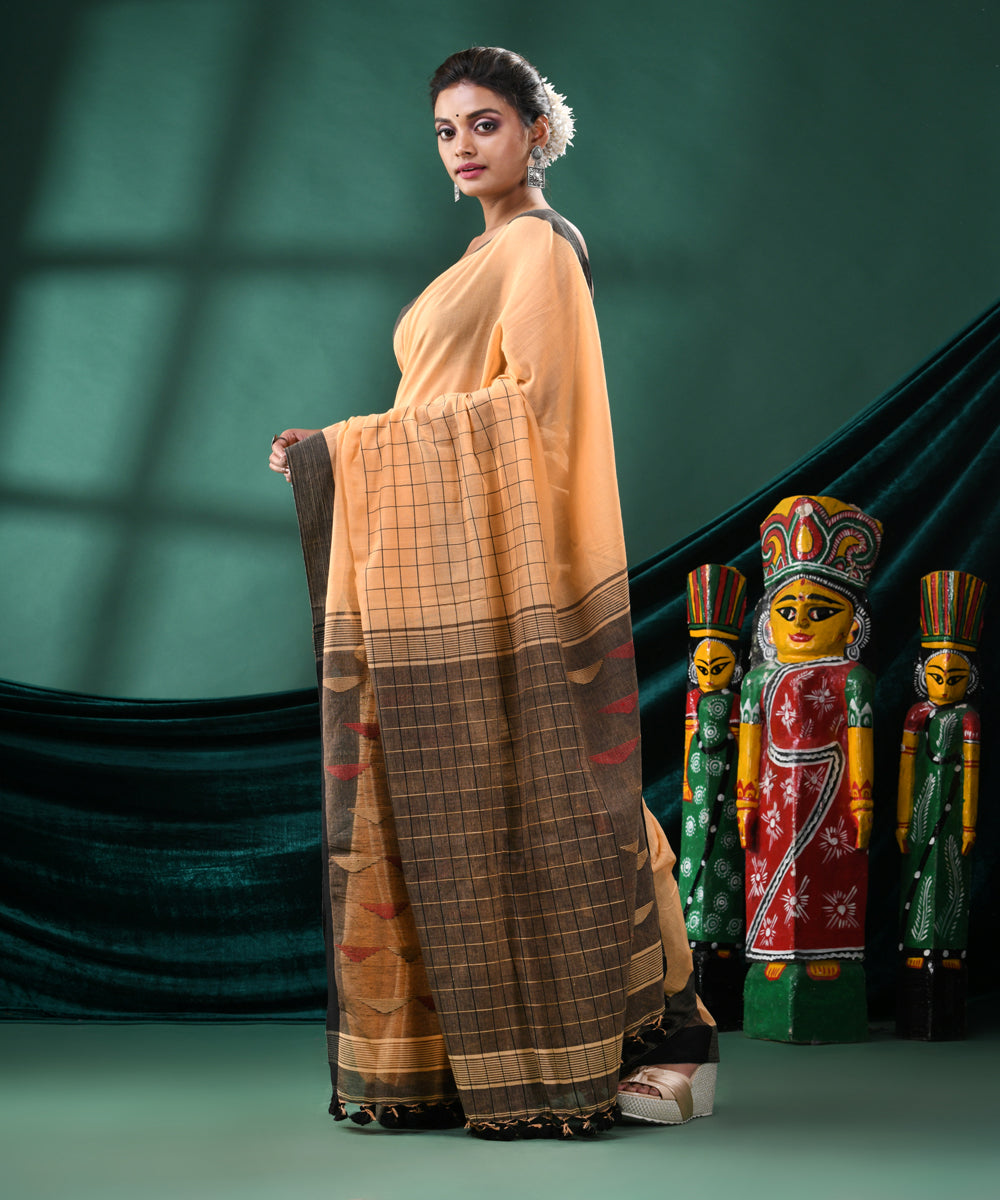 Tan black handloom cotton bengal saree