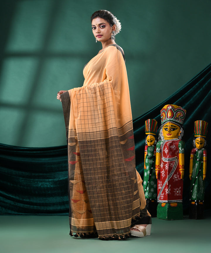 Tan black handloom cotton bengal saree