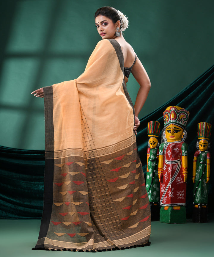 Tan black handloom cotton bengal saree