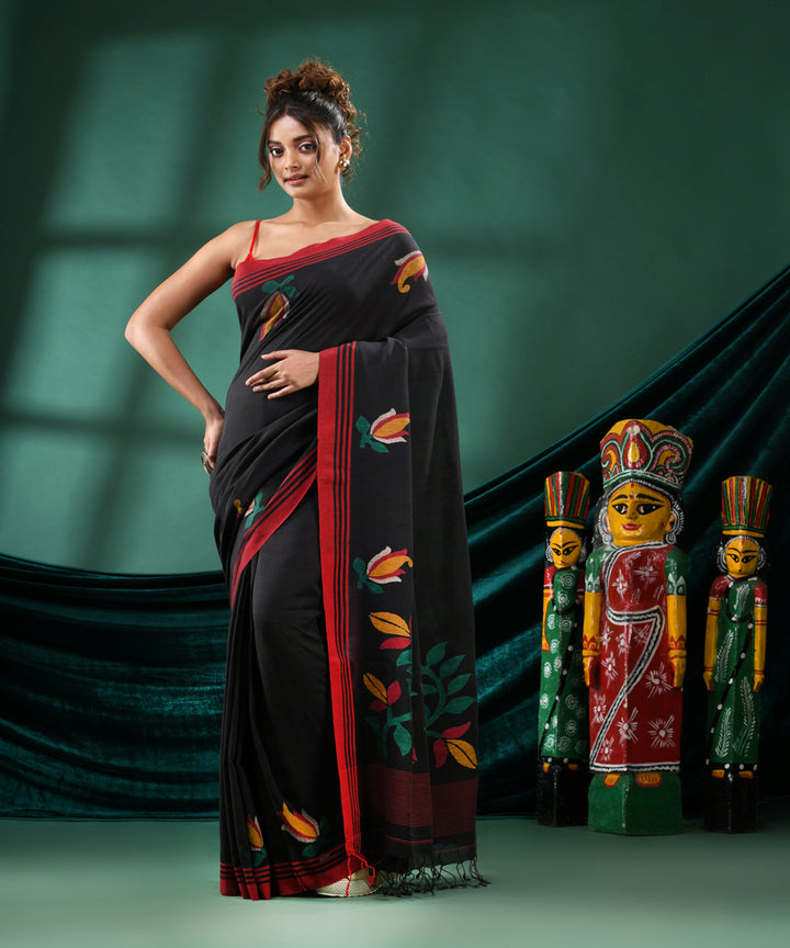 Black red handloom bengal cotton saree