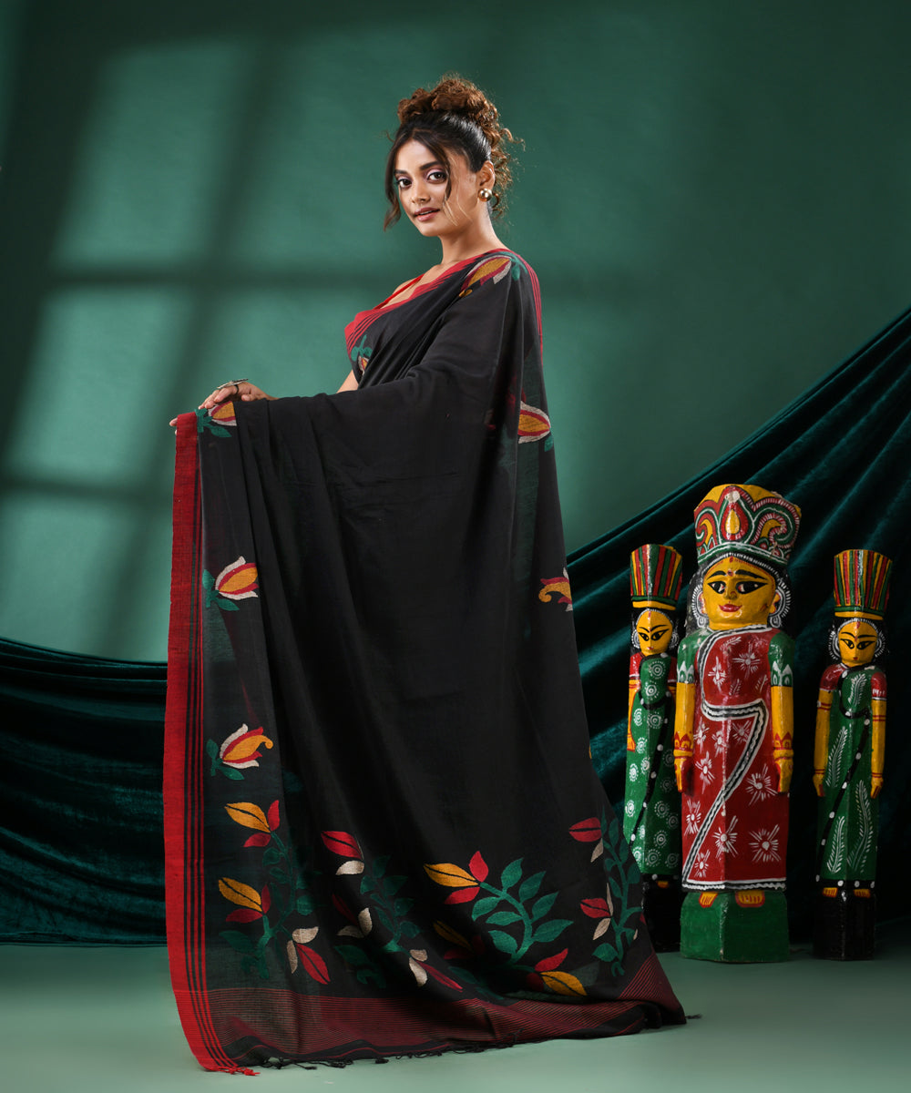 Black red handloom bengal cotton saree