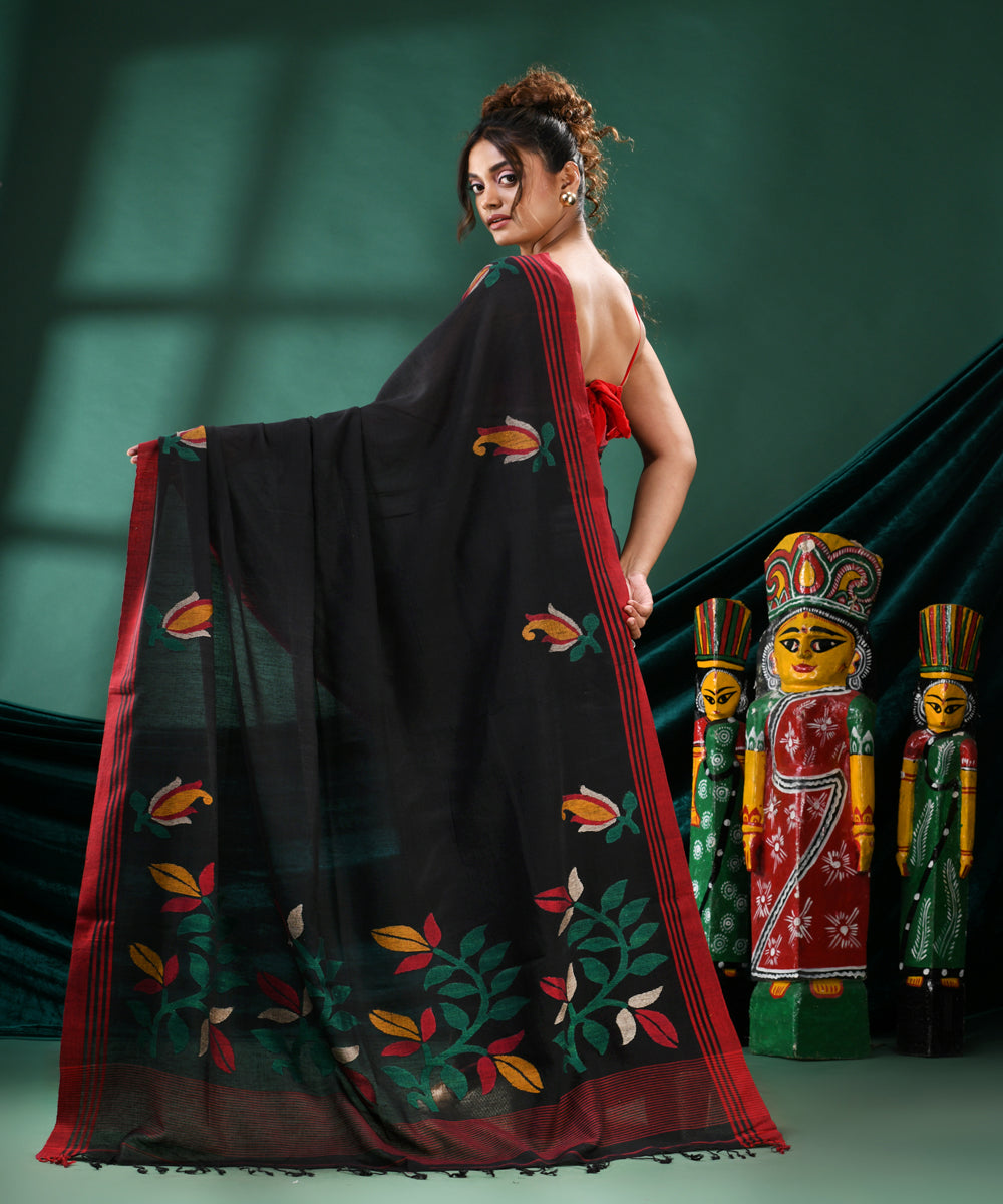 Black red handloom bengal cotton saree