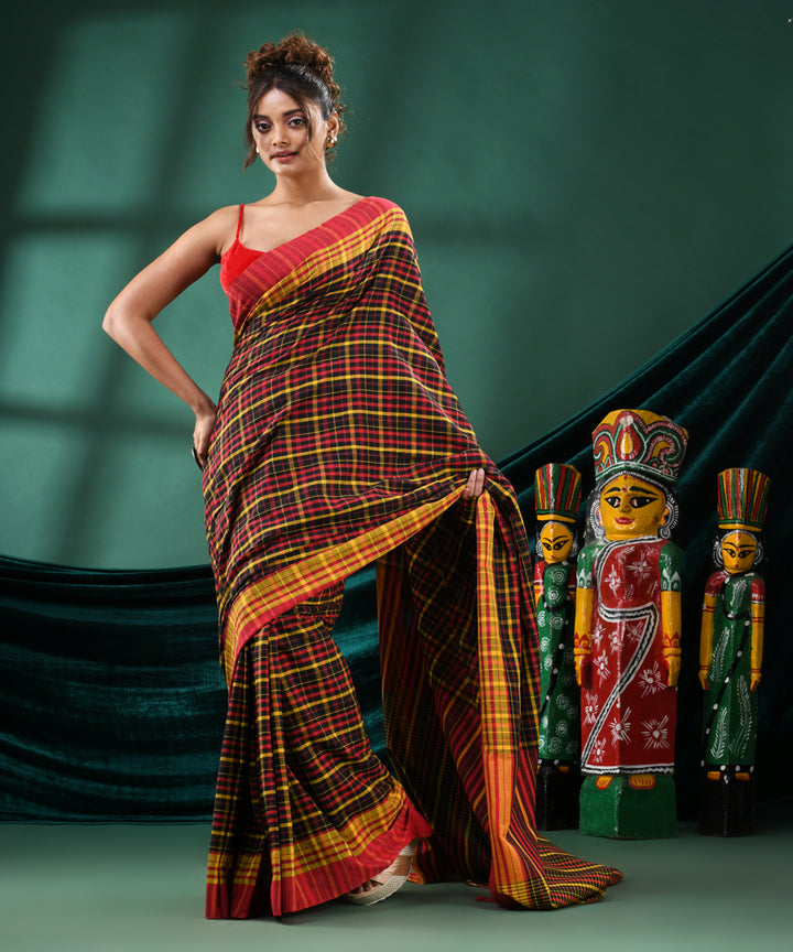 Multicolour checked handloom cotton bengal saree