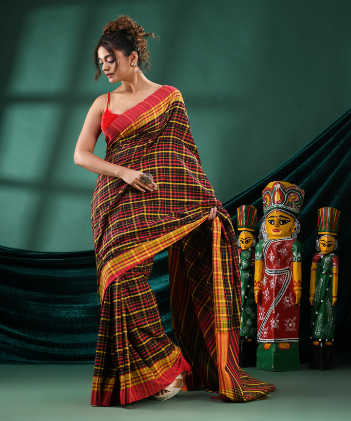 Multicolour checked handloom cotton bengal saree