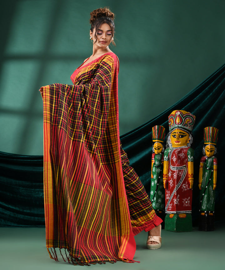 Multicolour checked handloom cotton bengal saree