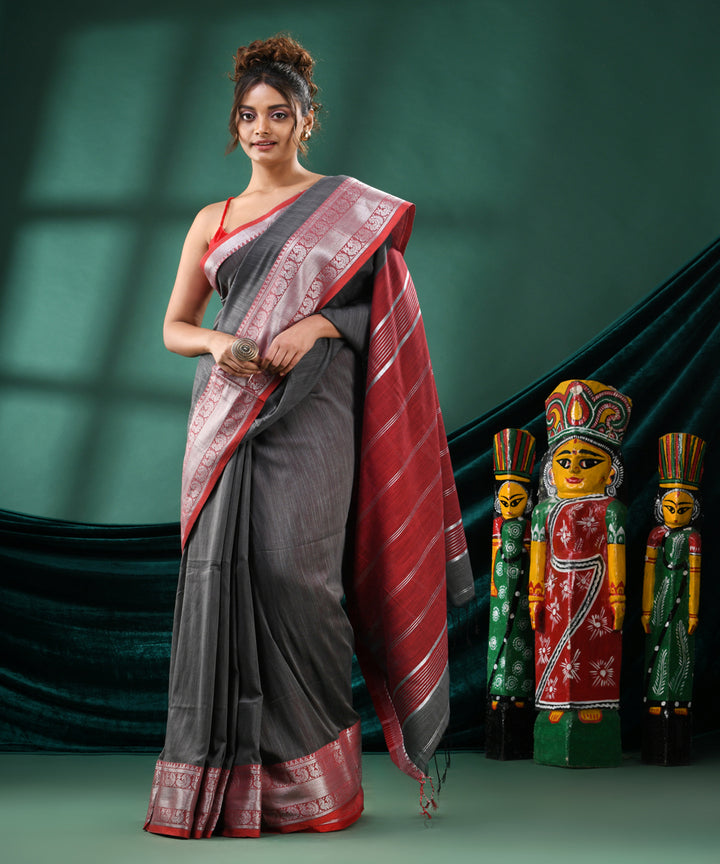 Grey maroon handloom cotton bengal saree