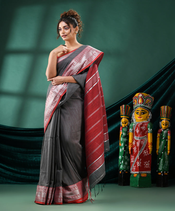 Grey maroon handloom cotton bengal saree