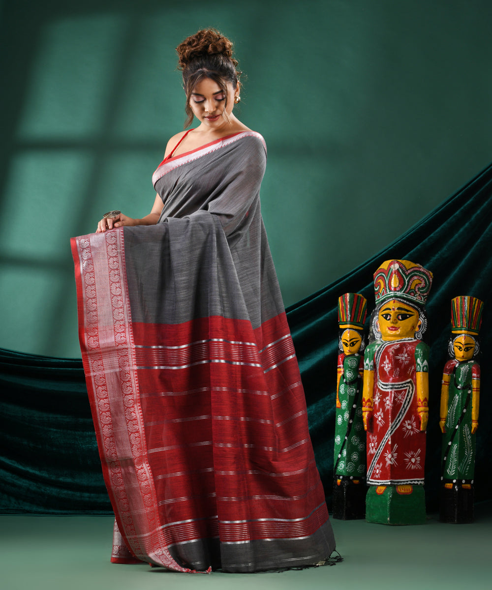 Grey maroon handloom cotton bengal saree