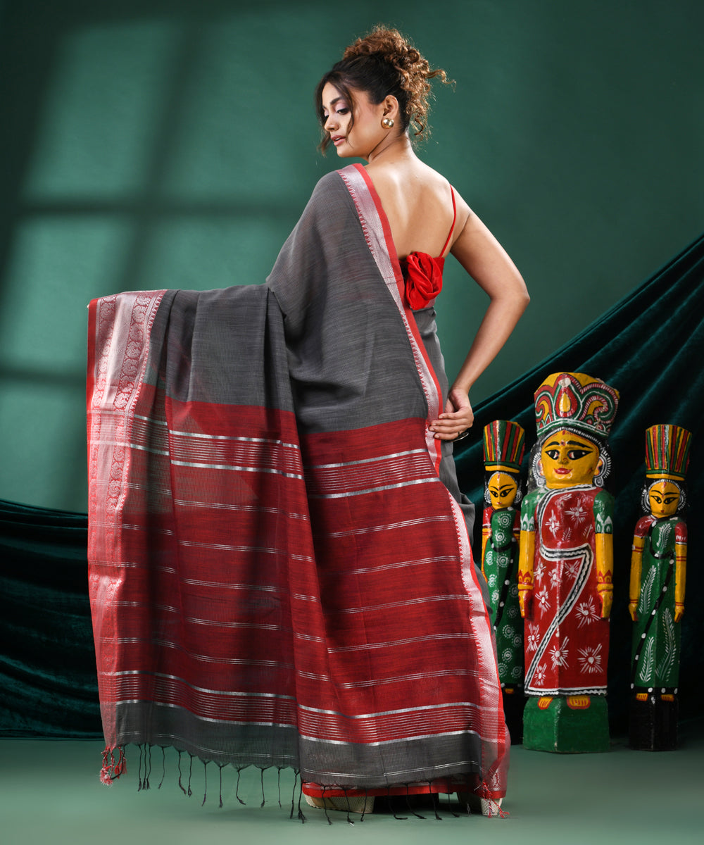 Grey maroon handloom cotton bengal saree