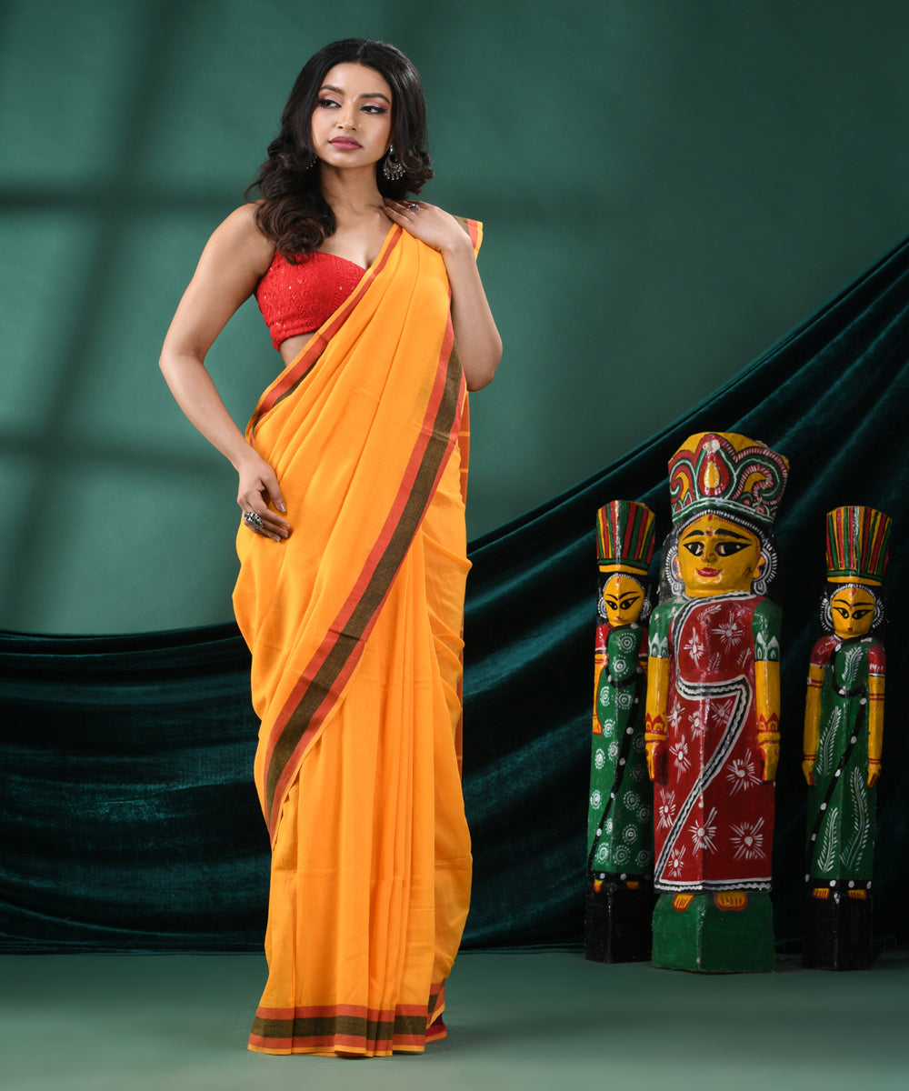 Yellow red handloom bengal cotton saree