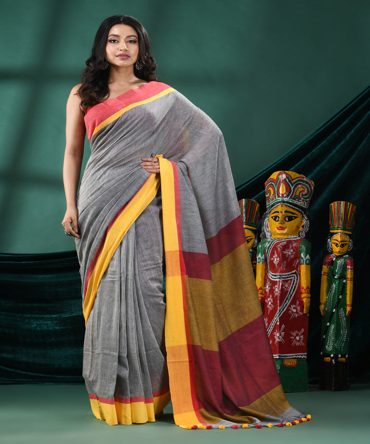 Grey yellow handloom cotton bengal saree