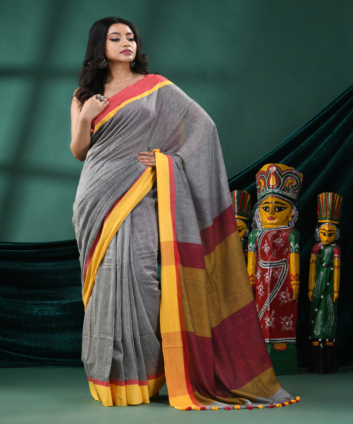 Grey yellow handloom cotton bengal saree