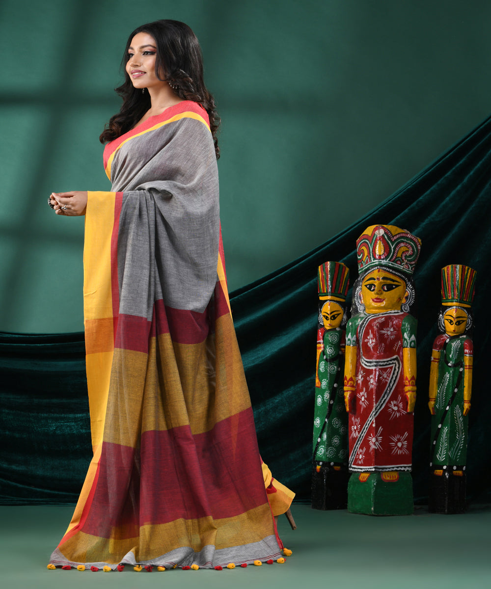 Grey yellow handloom cotton bengal saree