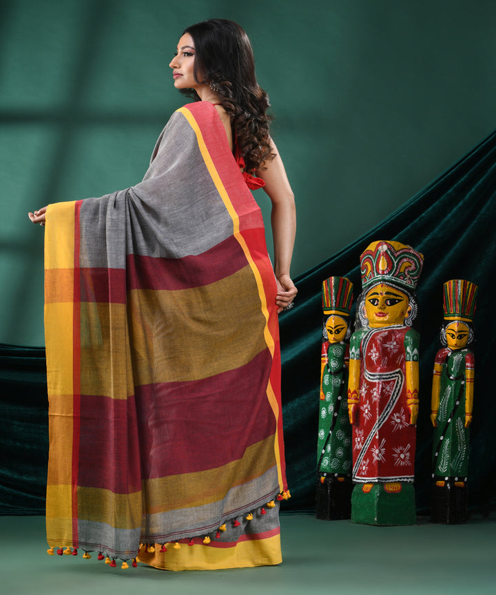 Grey yellow handloom cotton bengal saree