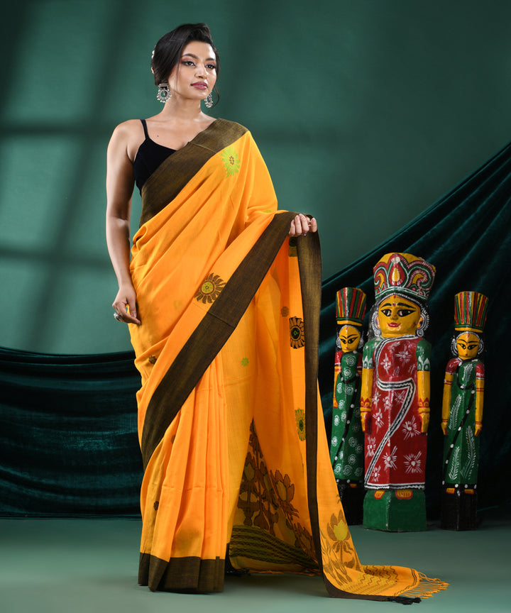 Yellow black handloom bengal cotton saree