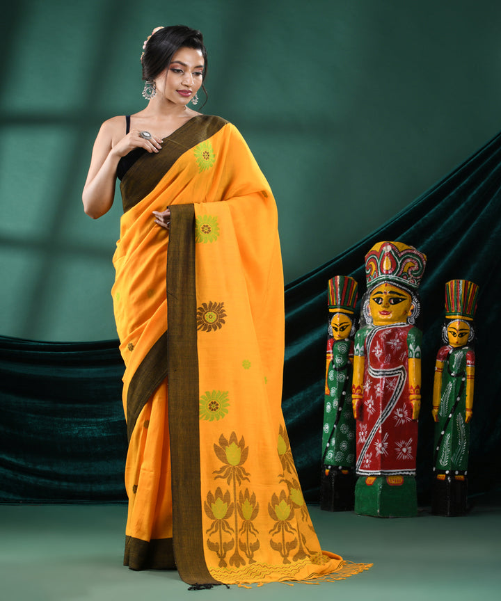 Yellow black handloom bengal cotton saree