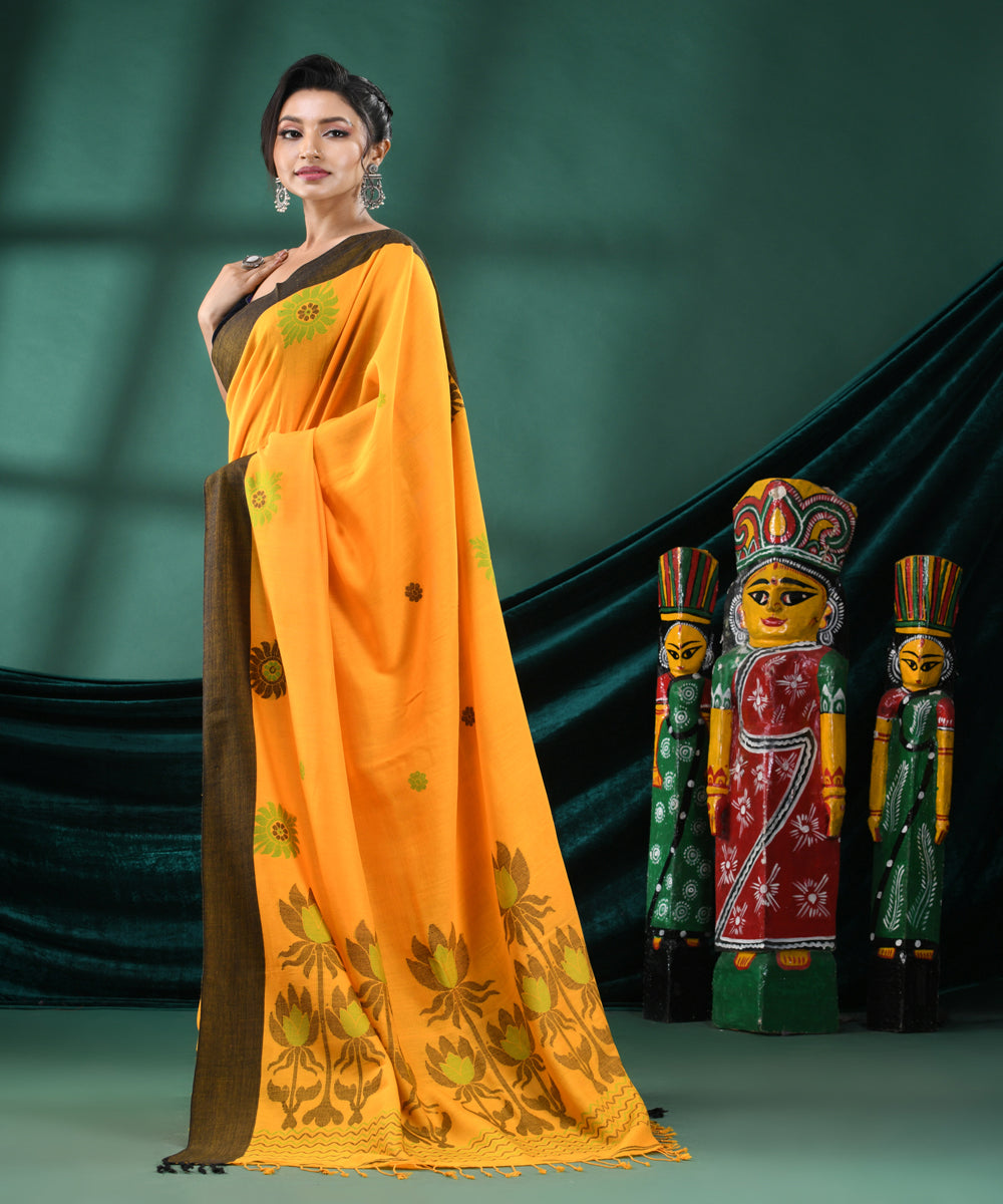 Yellow black handloom bengal cotton saree