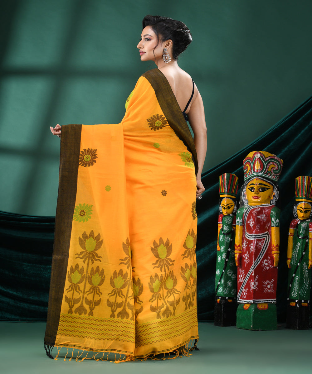 Yellow black handloom bengal cotton saree