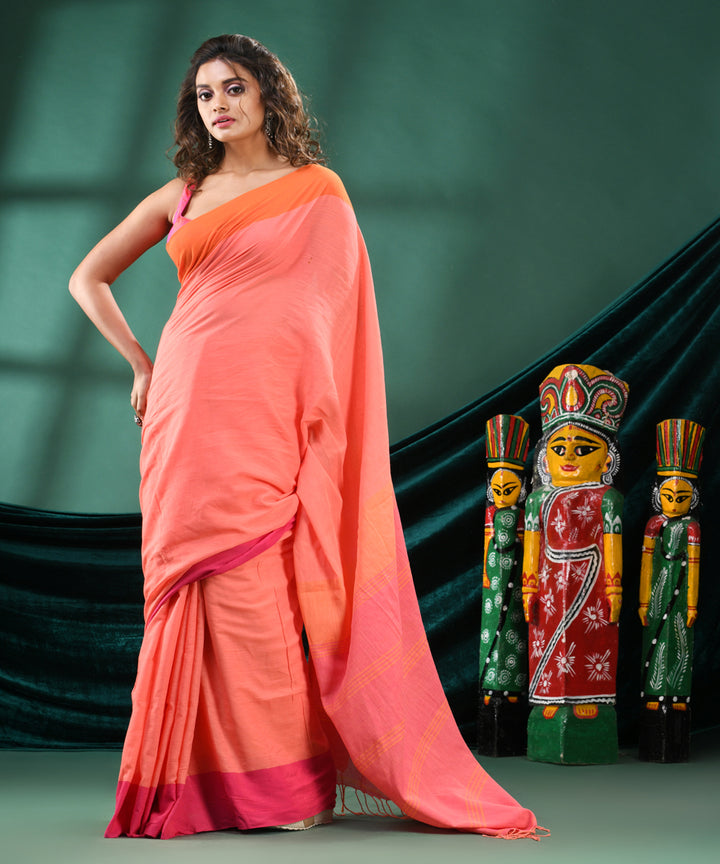 Peach red handloom cotton bengal saree