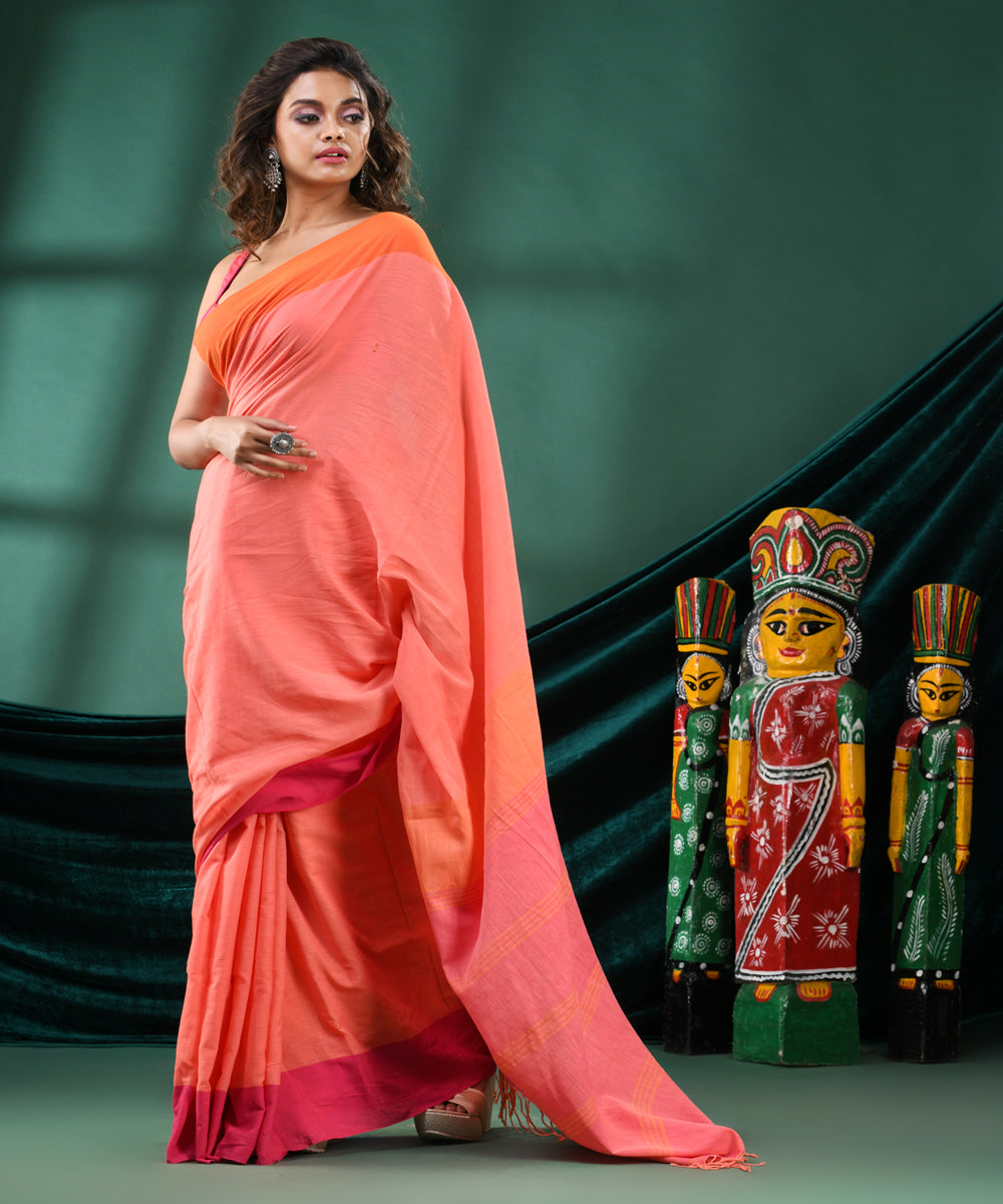 Peach red handloom cotton bengal saree