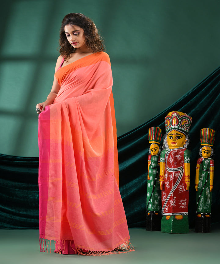Peach red handloom cotton bengal saree