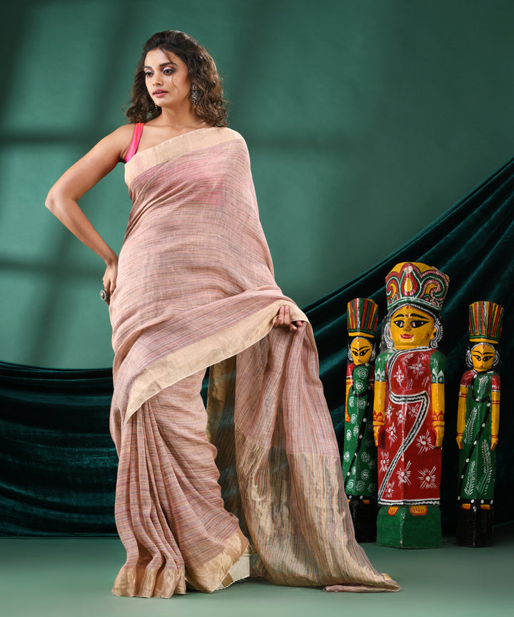 Peach offwhite handloom linen bengal saree