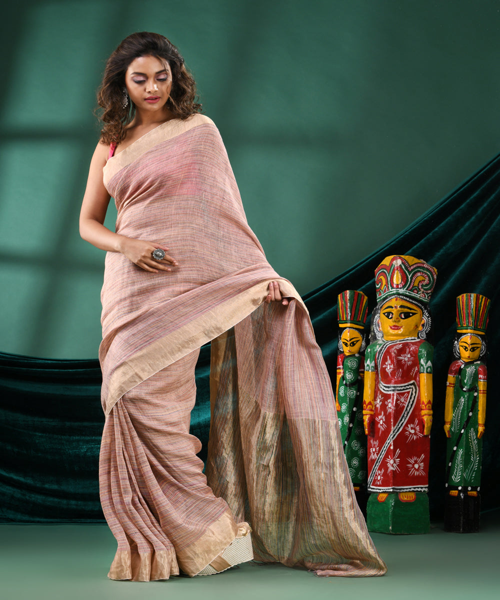 Peach offwhite handloom linen bengal saree