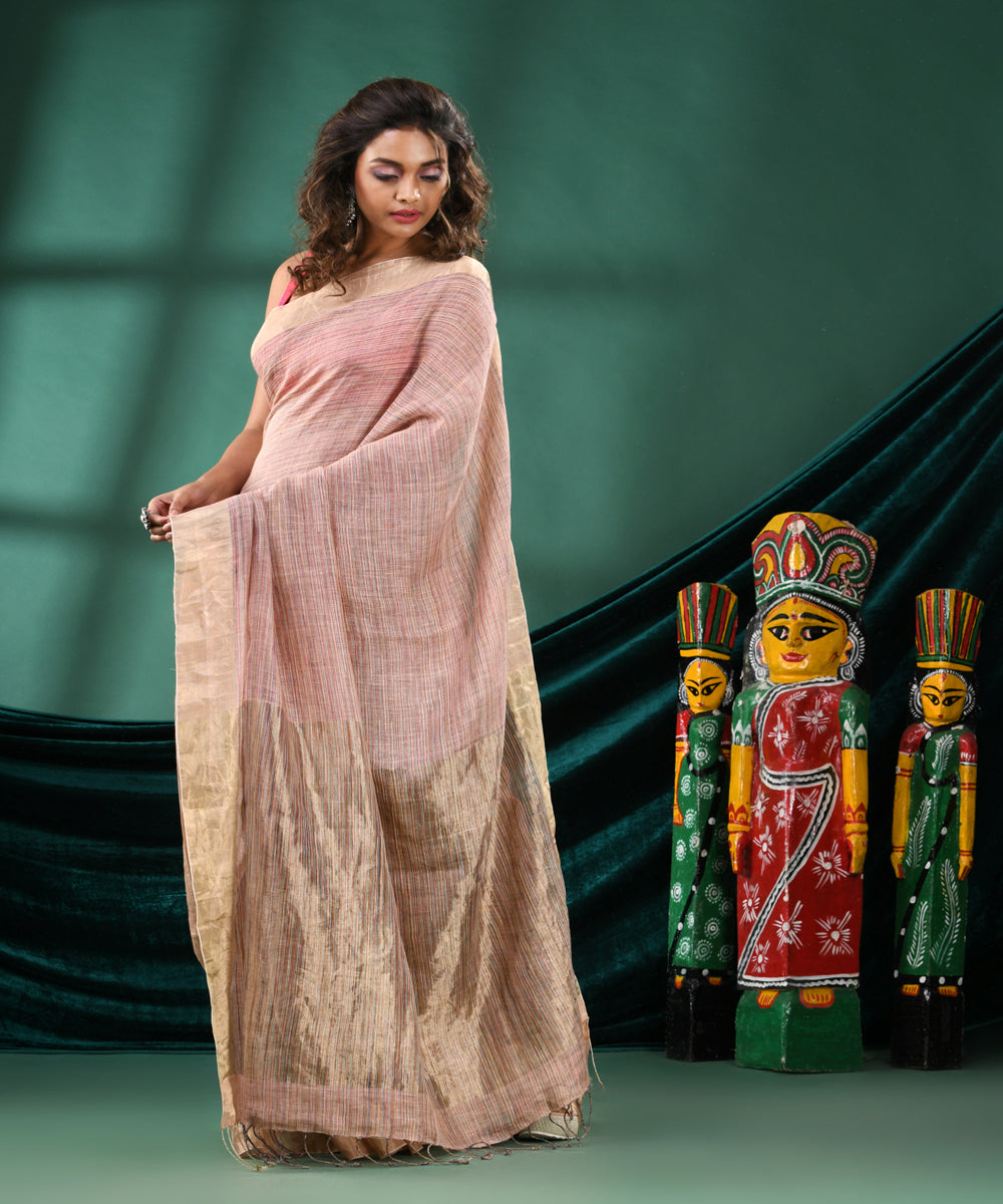 Peach offwhite handloom linen bengal saree