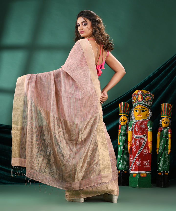 Peach offwhite handloom linen bengal saree