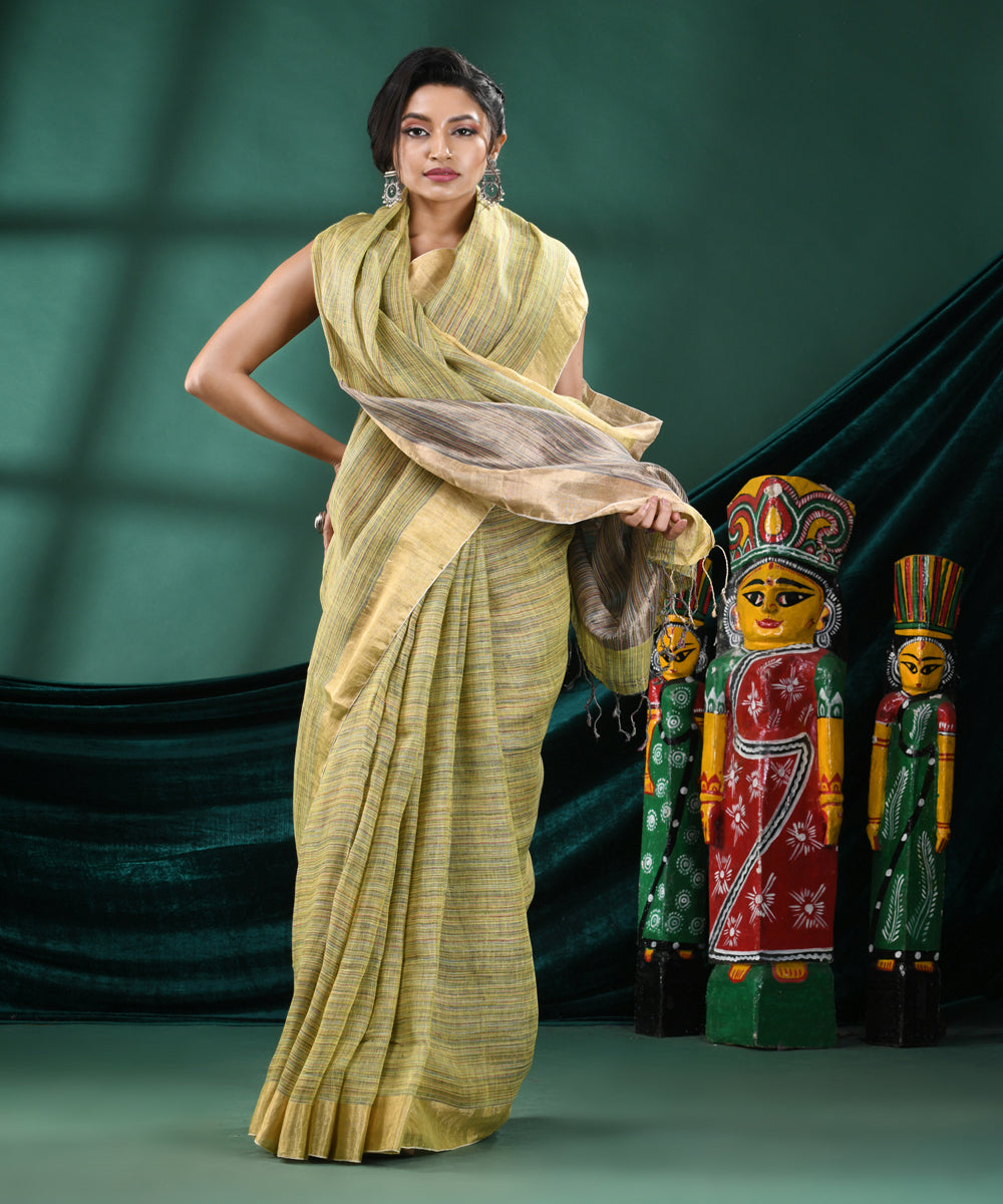 Yellow grey handloom linen bengal saree