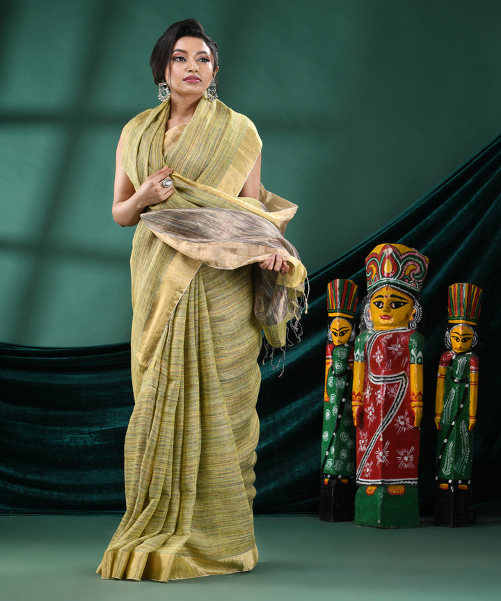 Yellow grey handloom linen bengal saree