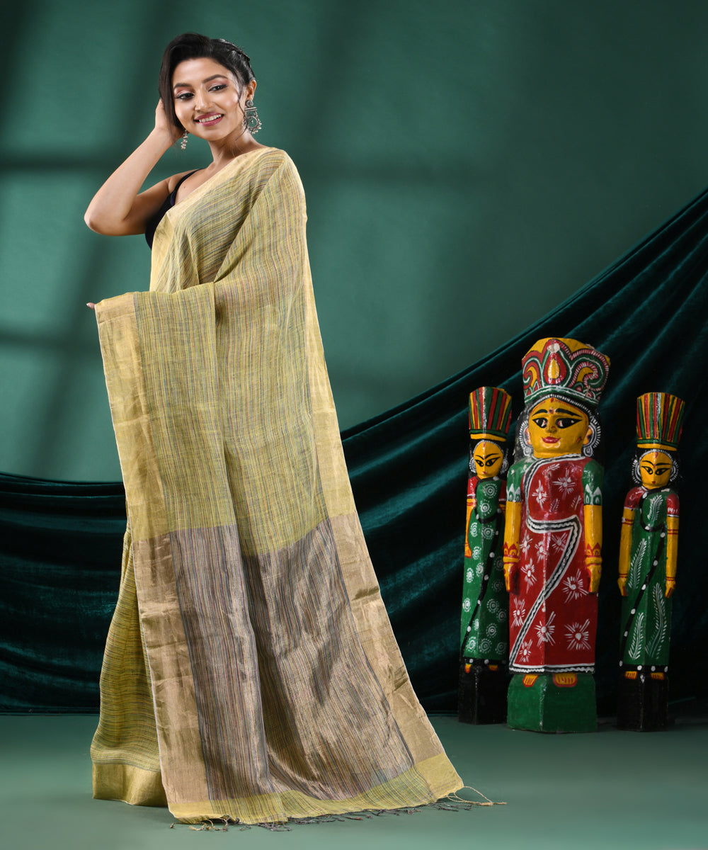 Yellow grey handloom linen bengal saree