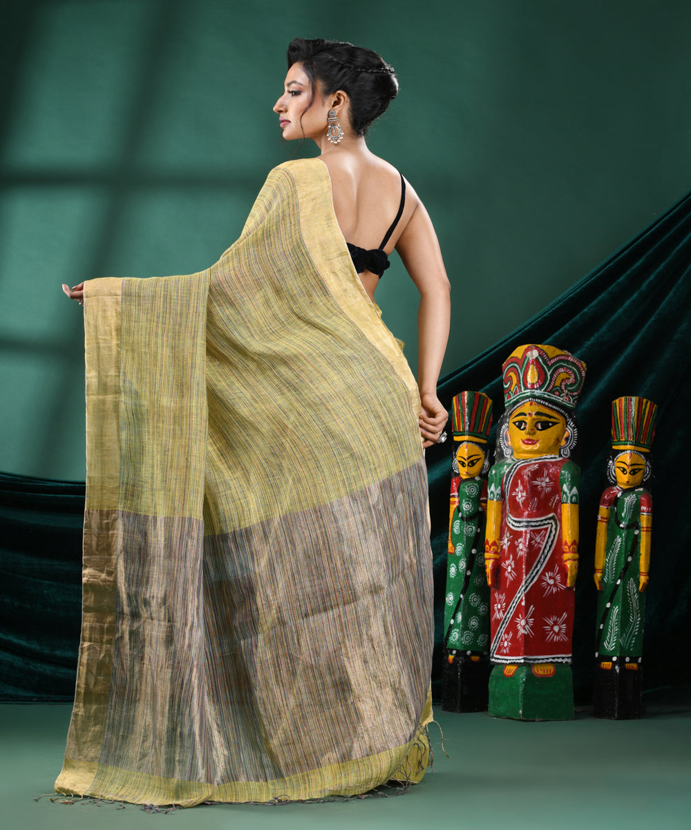 Yellow grey handloom linen bengal saree