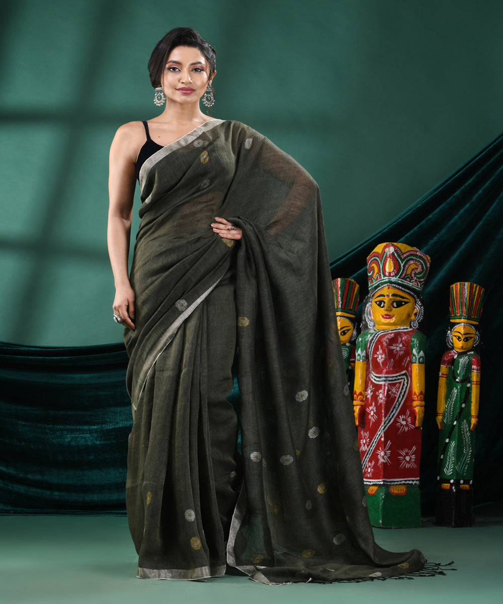 Pasta green handloom linen bengal saree